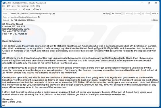Assistance In Claiming The Money oszustwo e-mailowe