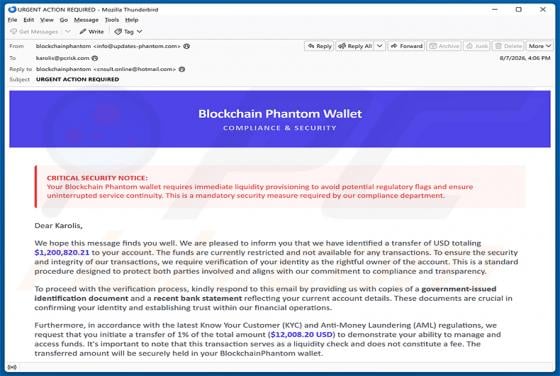 Phantom Wallet Identity Confirmation oszustwo e-mailowe