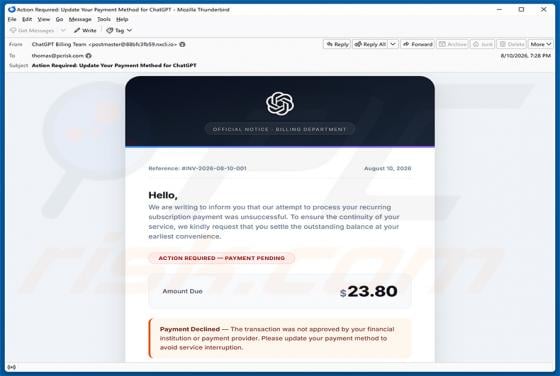 ChatGPT Payment Method Update oszustwo e-mailowe