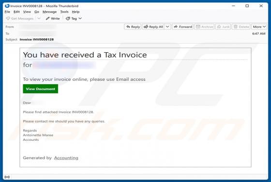 You Have Received A Tax Invoice oszustwo e-mailowe