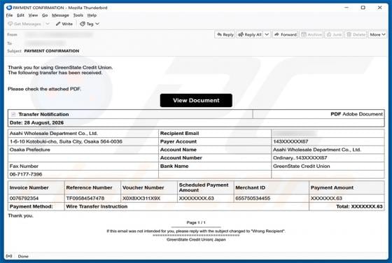 GreenState Credit Union Transfer Received oszustwo e-mailowe