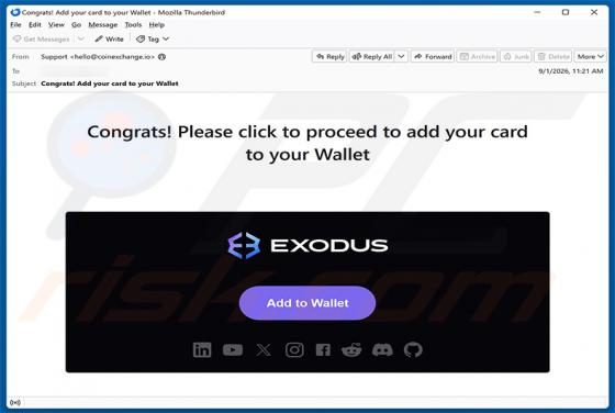 Exodus - Add Your Card To Your Wallet oszustwo e-mailowe