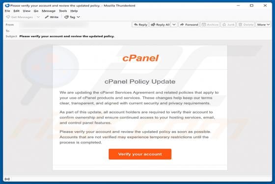 cPanel Policy Update oszustwo e-mailowe